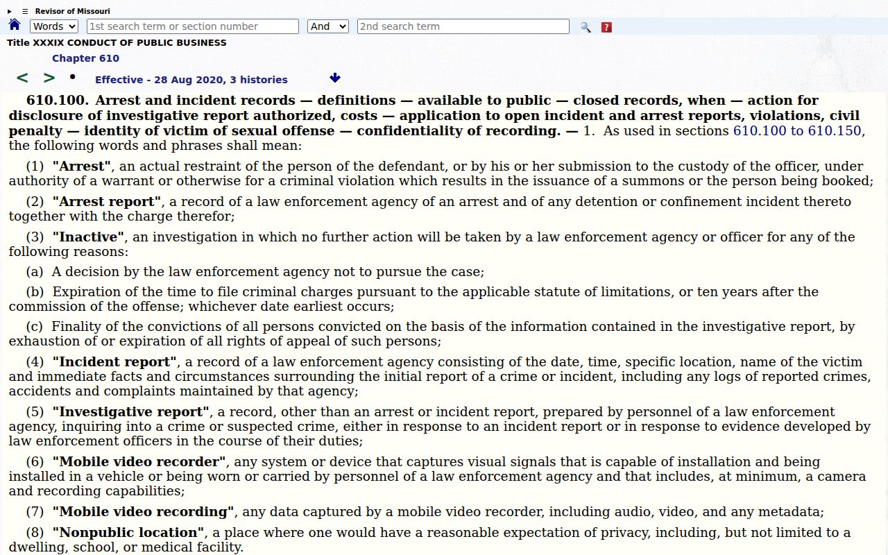Ray County arrest history Missouri arrest record openness statute